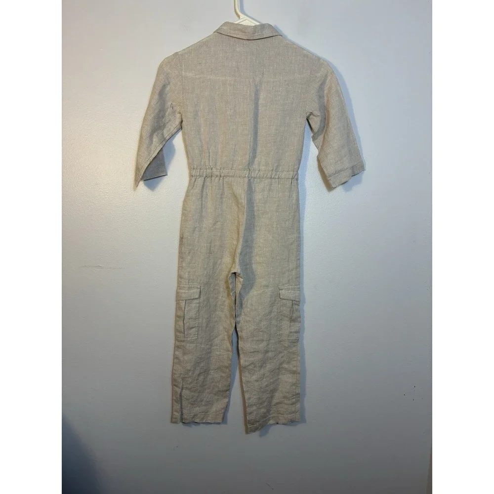 Zara Linen Blend Jumpsuit Girls Sz 6 Oatmeal Button Front Long Sleeve - Picture 4 of 4